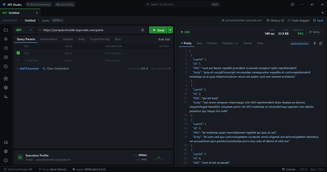 API Tester sending a GET request and showing the JSON response