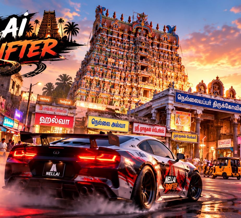 A drift car sliding past the Nellaiappar temple gopuram in Tirunelveli at sunset